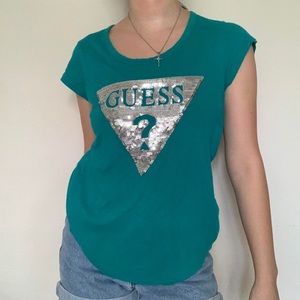 Guess Sequence Logo Turquoise Blue Green Short Sleeve Shirt